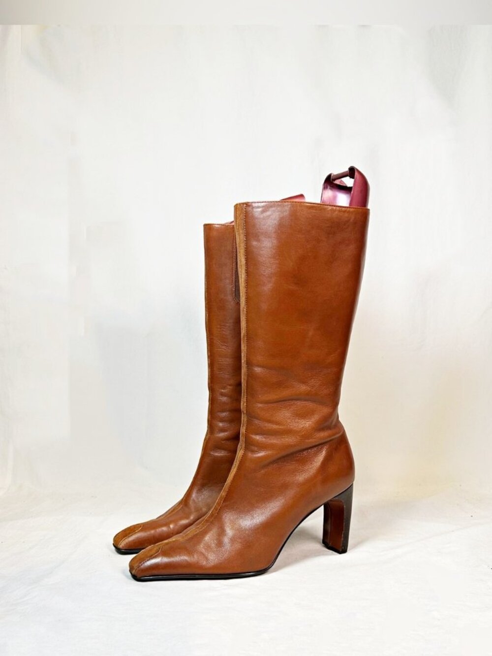 Vintage Anne Klein Parisian Brown Leather Suede Snip Toe Knee High Zip Boots~10~